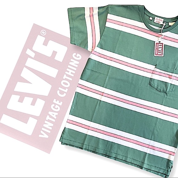 Levi’s Vintage Clothing 1940’s Split Hem Striped T-Shirt Pink/Green - Picture 16 of 16